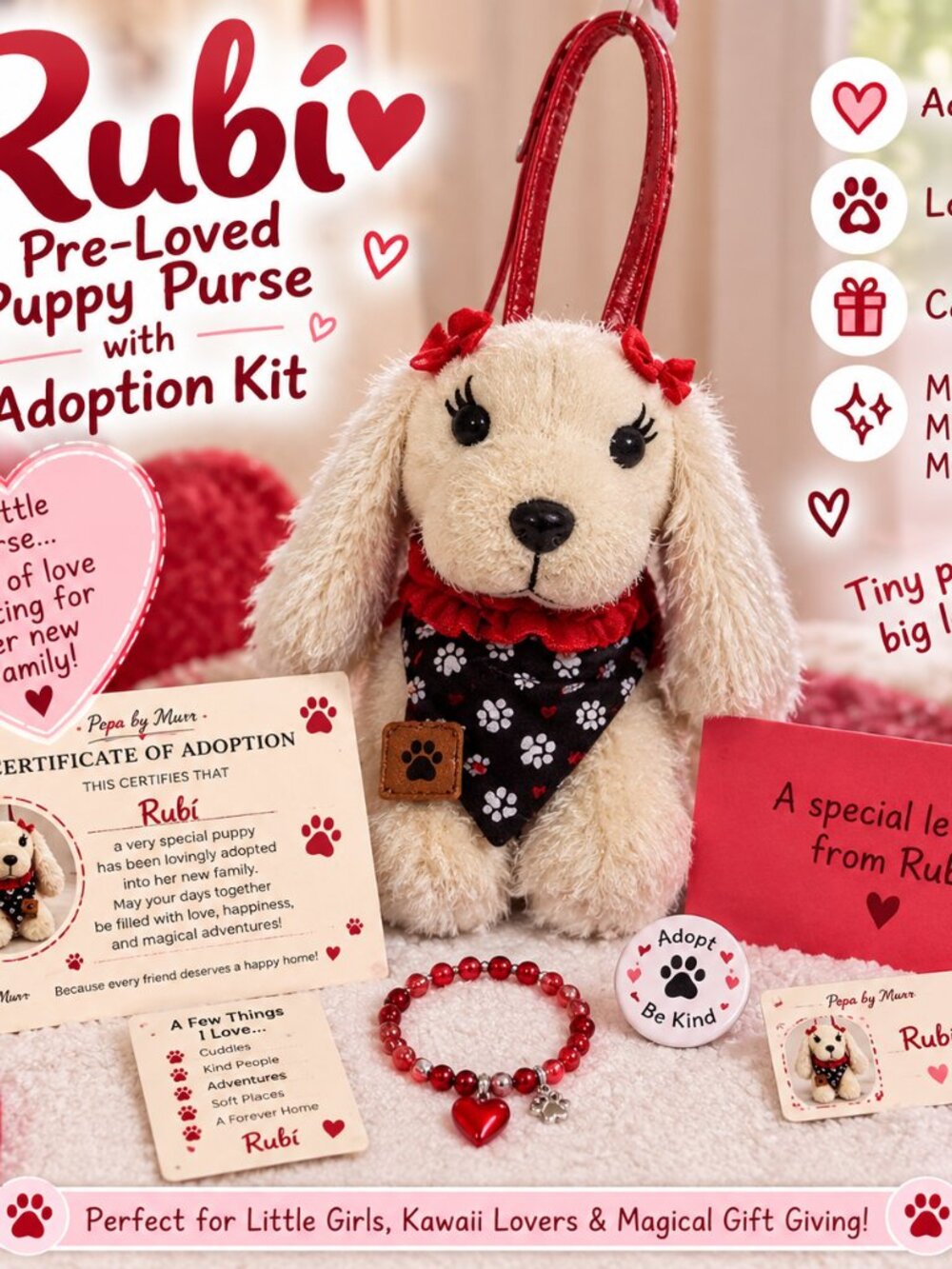 Rubí Pre-Loved Puppy Purse with Adoption Kit | Kawaii Gift Set